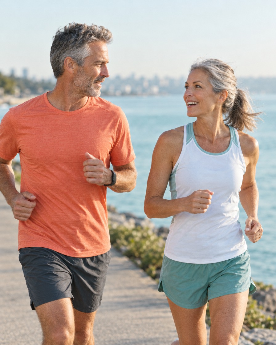 A man and a woman in their fifties jog side by side along a waterfront path, chatting.