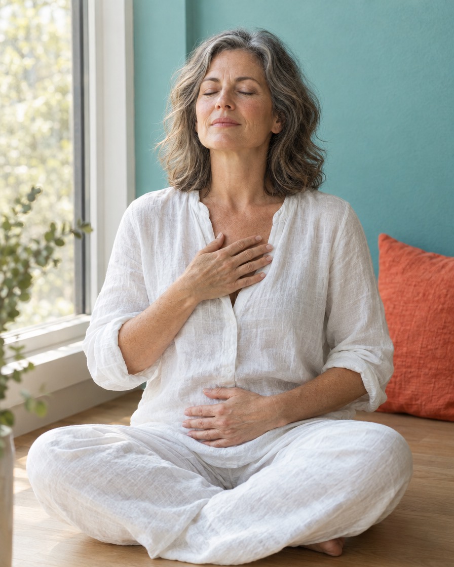 A woman in her fifties sits by a window with her eyes closed, one hand on her chest, breathing slowly.