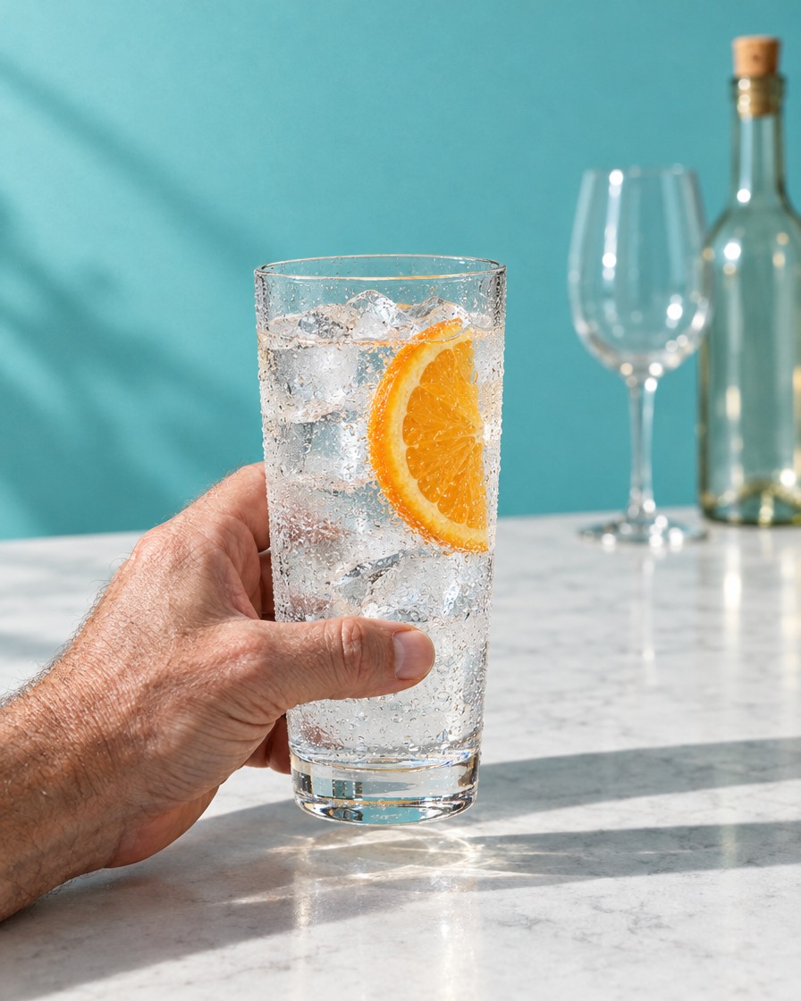 A hand holds a tall glass of ice water with an orange slice; an empty wine glass sits pushed aside behind it.